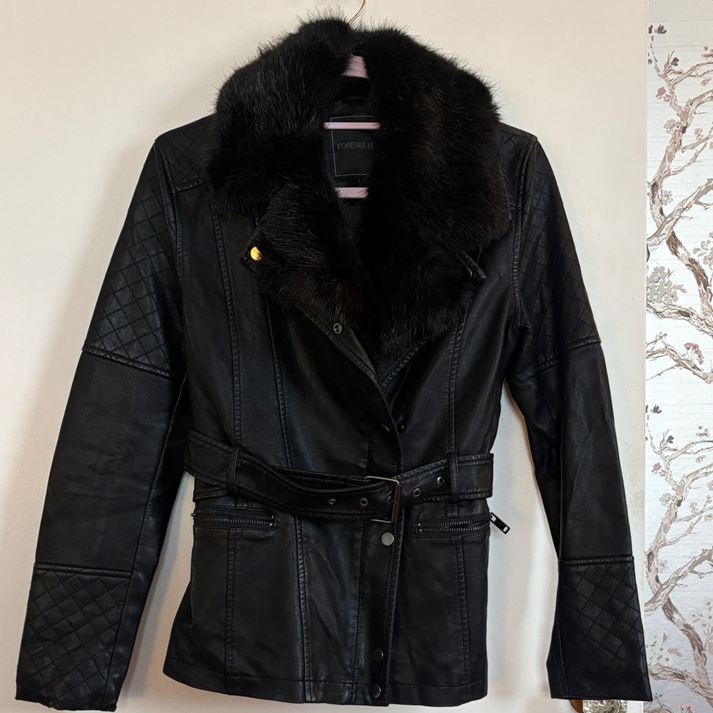 Forever New Black Leather Jacket with Faux Fur Collar